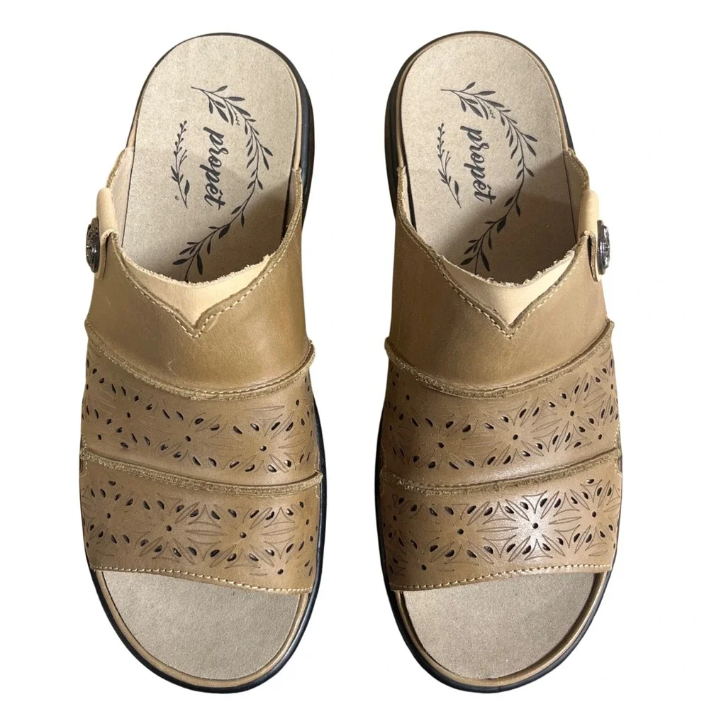 Propet WSO041L Tan Leather Laser Cut Floral Sandals Womens 8.5 X‎ Wide 2E NWOB
